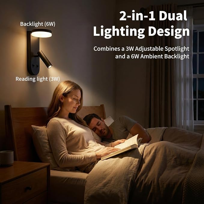 Wall Mounted Reading Lights, 350° Adjustable Bedside Lamps Set of 2 | Independent Switch , Hardwired Installation LED Wall Sconces for Bedroom, Living Room, Study Room (Black, 8.6" x 6" x 4.35")