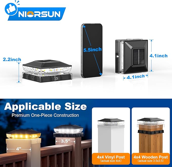 NIORSUN Solar Post Cap Lights Outdoor Waterproof, 2 Lighting Modes 4x4 Post Solar Lights, Fence Posts Solars Light for Deck Patio Garden Decoration, 4x4 Posts Caps Wood Vinyl, 18 Pack (Black)