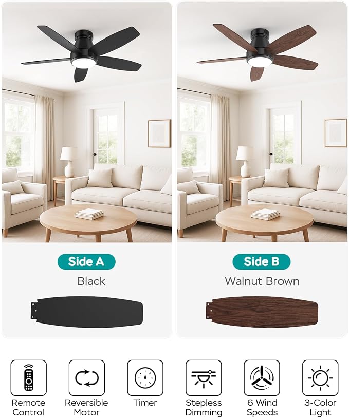 42 Inch Ceiling Fans with Lights, Quiet Reversible Fan with DC Motor, Remote & APP Control, 6-Speed, 3 Color Temperatures, Dimmable, Ceiling Fan for Bedroom Living Room,Black
