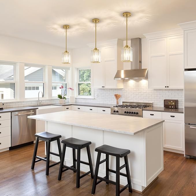 3 Pack Crystal Pendant Lights Kitchen Island, Modern Brushed Gold Kitchen Pendant Lights Over Island, Hexagonal Crystal Hanging Lights for Island, Dining Room, Hallway, Foyer, Entryways