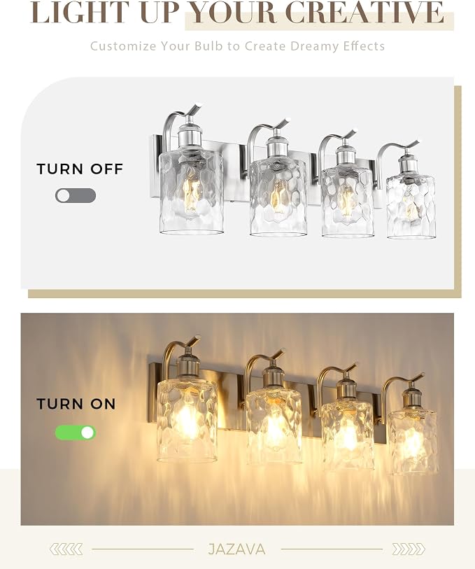 4-Light 27 Inch Bathroom Vanity Light,Hammered Glass,Nickel | Brushed Nickel,Over Mirror Wall Light,E26 sockets,for bathroom mirror,powder room,dressing area