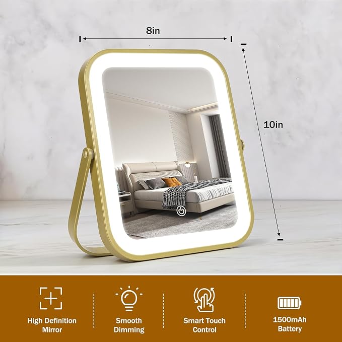 Rechargeable Vanity Mirror with Lights, 10"×8" Makeup Mirror with Lights, 1500mAH Battery, Smart Touch with 3-Color Lighting, Dimmable, HD Desk Mirror, Travel Essentials, Women Gift (Gold)