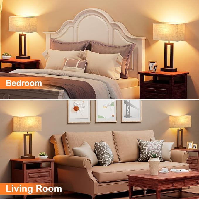 Seealle Bedroom Lamps for Night Stands - Touch Control, 3 Way Dimmable, USB C+A Charging, LED Bulbs, Easy Assembly(Yellow&Coffee)