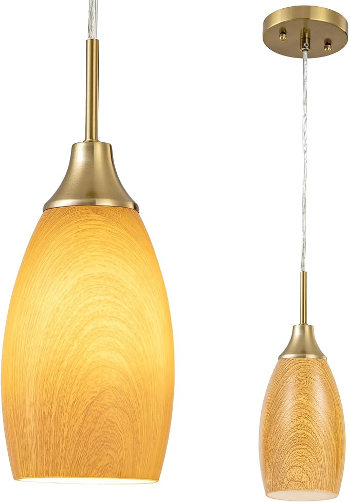 Viinew Mini Glass Pendant Light,4.72" Walnut Wood Grain Pendant Light | 1-Pack Handblown Art Oval Glass Hanging Pendant Light for Kitchen Island Dining Room Living Foyer Hallway Brushed Gold