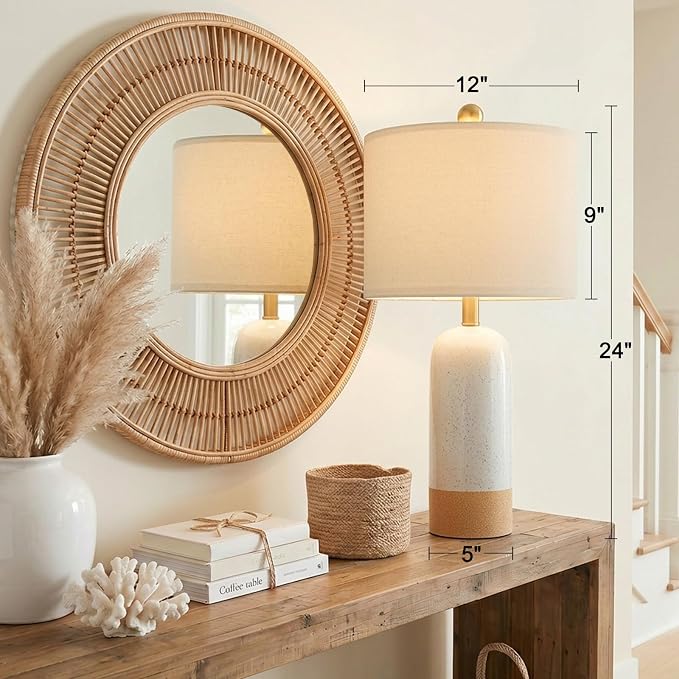 PoKat 24'' White Ceramic Table Lamps Set of 2, Farmhouse for Living Room | Modern Bedside Lamps for Bedroom, Two-Tones Design, Earthy Yellow Base, Splatter Pattern, Boho Lamps for Nightstand, Entryway