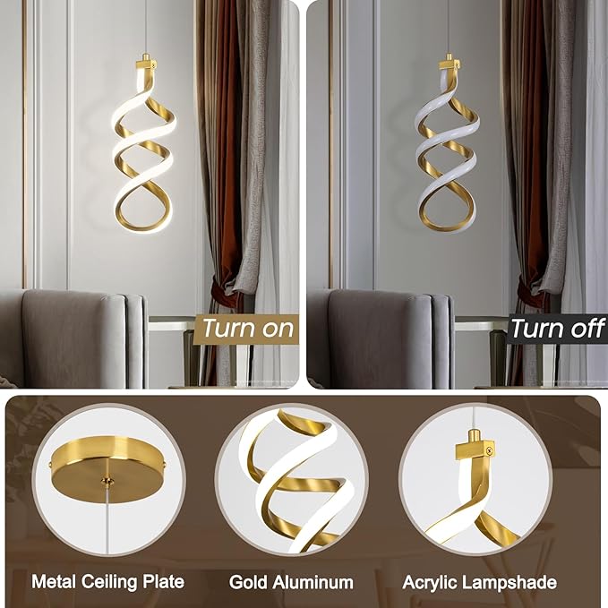 Modern LED Pendant Light Fixture, 15W Spiral Led Chandelier Hanging Lamp, 4500K Pendant Lights Kitchen Island, Adjustable Height Pendant Light for Dining Room Bedroom Kitchen Island Cafe