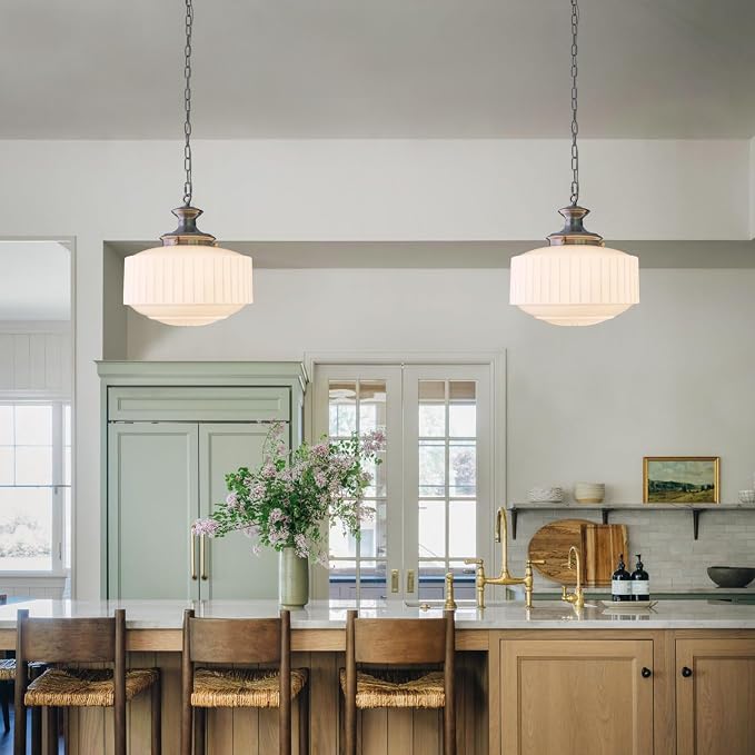 Vintage Milk Glass Pendant Lights, 13.8" White Pleated Glass Chandelier, Schoolhouse Antique Pendant Lights, for Kitchen Island Lighting, Hallway, Bedroom, Dining Room, Foyer, E26 Bulb Included