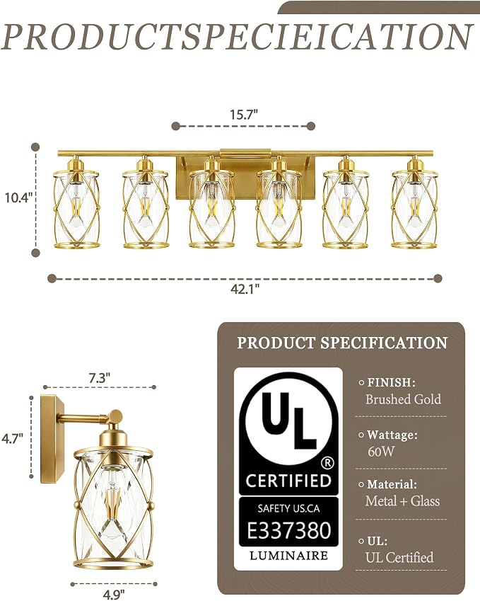 6-Light Brushed Gold Bathroom Light Fixtures Over Mirror, 42" UL-Listed Modern Wall Sconce Lights with Clear Glass and Metal Cage for Bath, Hardwire E26, CH9176BG-6W