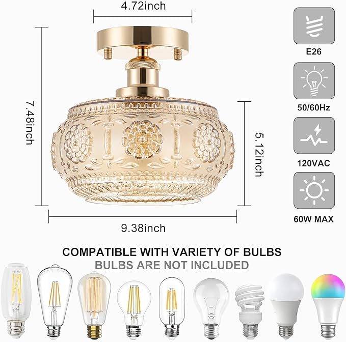 Semi Flush Mount Ceiling Light - French Gold Finish & Amber Floral Glass Shade, Vintage Modern Lighting for Bathroom, Kitchen, Bedroom (Bulb Not Included)