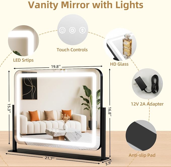 Vanity Mirror with Lights 22"x17", Lighted Makeup Mirror with 10X Magnification, 3 Color Dimmble Lights, Touch Control, 360° Rotation, Metal Frame, Women's Gift, For Bedroom/Dressing Room, Black