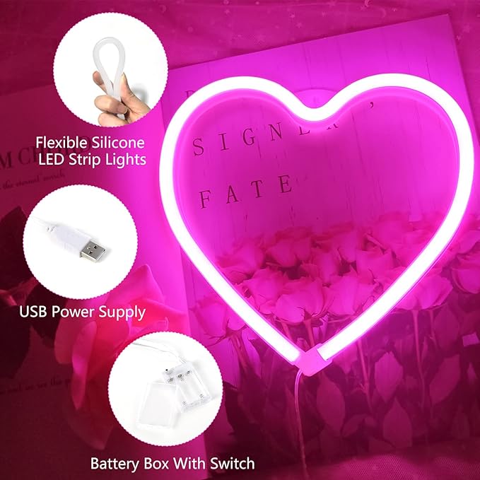 Pink Heart Neon Sign for Bedroom Decoration, Heart Led Light Sign 8.7×8.7 In Battery/USB Powered Romantic Love Hearts Neon Light for Wall Decor Art Kids Girl Room Wedding Party Valentine's Day Prsent