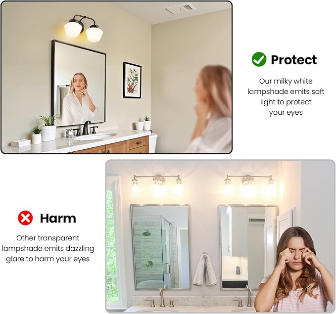 RUIYEY Bathroom Vanity Light Fixtures: 2-Light Black Bathroom Lighting Fixtures Over Mirror with Milky White Frosted Glass Shade, Farmhouse Modern Wall Light for Bath