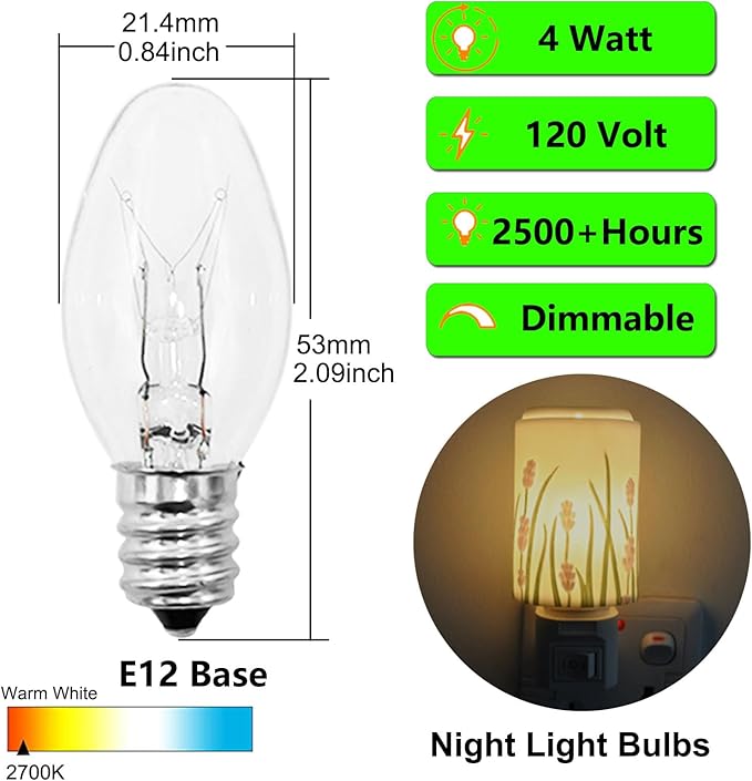 Night Light Bulbs 4 Watt 15 Pack E12 Base Dimmable Plug in Night Light Bulbs - C7 Small Light Bulb Replacement for Night Lights,Christmas Lights,Table Lamps & Porch,Clear Warm White Glow