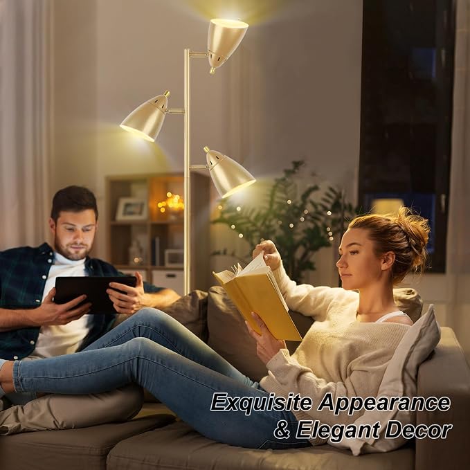 LALISU Tree Floor Lamp for Living Room, Industrial 3-Light Standing Lamp with 3 LED Bulbs, Adjustable Rotation Heads, Standing Tall Pole Lamp Farmhouse Rustic Reading Lamps for Bedroom Office (Gold)
