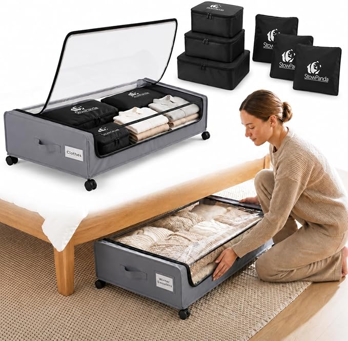 60L Under Bed Storage with Wheels, With 6 Travel Bags, 2-Pack, Light Gray | Rolling Underbed Storage Containers, Clear Lids, Heavy Duty Steel Frame, Organizer for Clothes Shoes Comforters Blankets Toys