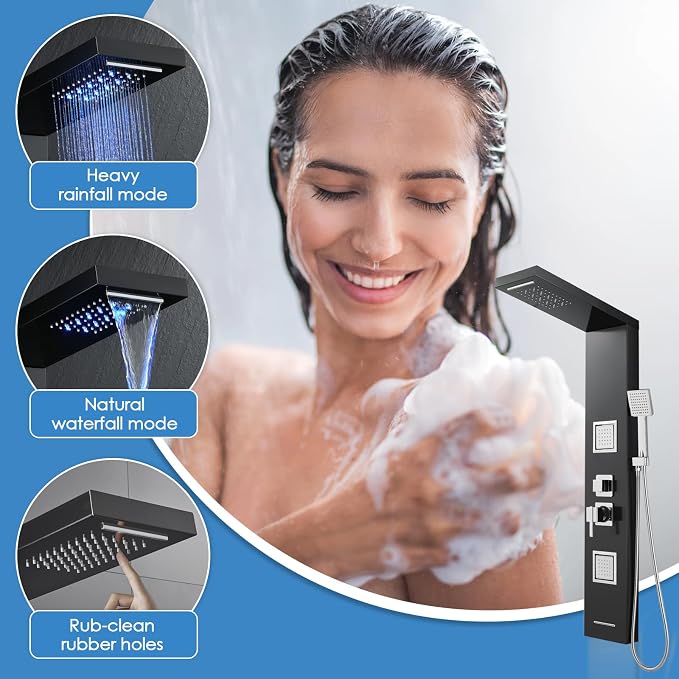 ROVOGO Shower Panel Tower System with Led Lights - Battery Powered, 46.5" | Rainfall Waterfall Shower Head, 2 Body Jets, Handheld and Tub Spout, Stainless Steel Shower Column with Brass Valves, Black