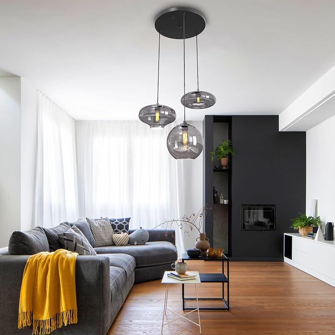 Modern 3 Lights Glass Pendant Light Smoky Gray Glass Globe Cluster Chandelier Lighting Fixtures Black Adjustable Kitchen Island Hanging Pendant Lighting Nordic Multi Lights Pendant Lamp
