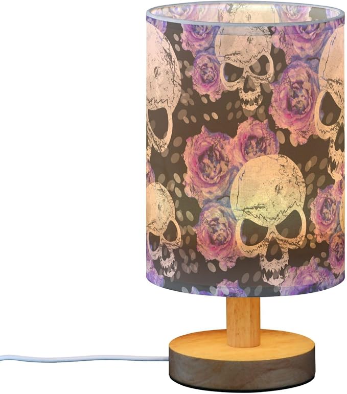 Gothic Pattern Table Lamp with Wood Base and Fabric Shade - Purple, Blue Rose Flower Design for Nightstand, Bedside, Desk, Living Room, Bedroom, Kids Room, Office
