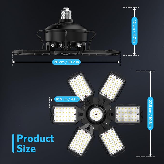 LED Garage Lights 1 Pack, 18000LM 180W Deformable Shop Light with 6+1 Adjustable Panels, 6500K Daylight White Ceiling Light for E26 Base, Ideal for Garage/Basement/Barn