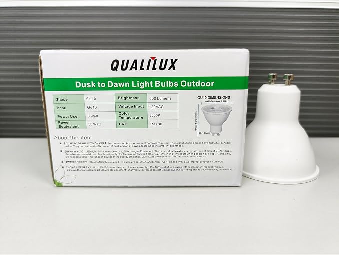 Qualilux MR16 GU10 Dusk to Dawn Light Bulbs, Warm White 3000K, 50W Equivalent, 500LM, Auto On/Off Light Sensor Bulb, Non-dimmable, LED 6W 4 Pack, HQ-H044