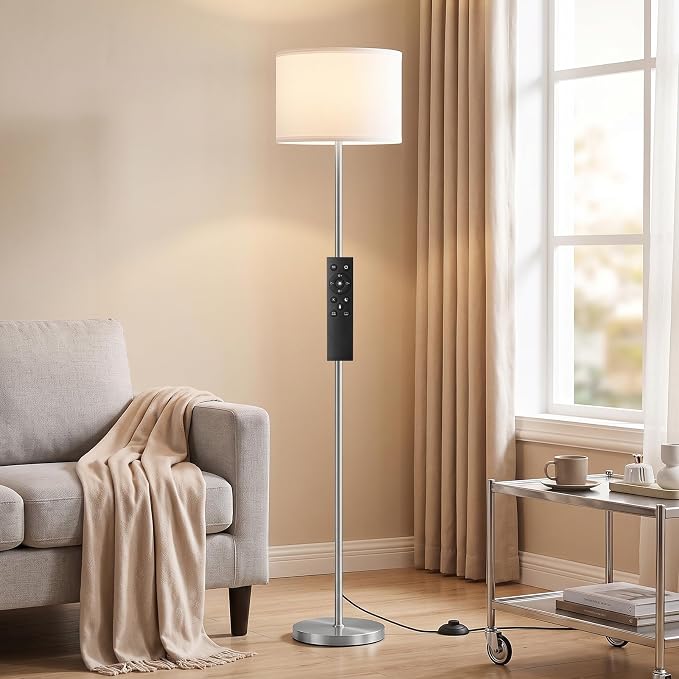 Dimmable Floor Lamp for Living Room with Remote, 9W 900LM LED Bulb Included, White Shade Silver Pole