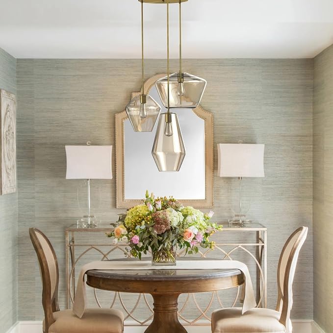 Modern Glass Pendant Light Champagne Gold Glass Chandelier Lighting Fixtures Dining Room Adjustable Hanging Cluster Pendant Lamp Nordic 3-Light Heads Pendant Lighting for Kitchen Bedroom