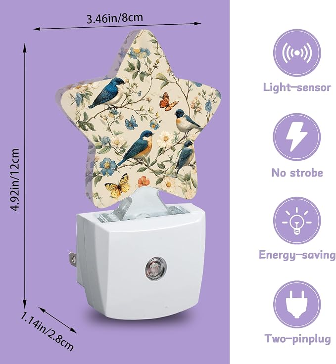 Birds Butterfly Decorative Nightlight Plug in Wall,Watercolor Floral Star Shaped Night Light with Built in Sensor for Home Decor,Kitchen Hallway Stairs Desk Lamp