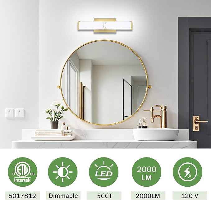 16 Inch Bathroom Vanity Light 2000LM, AC 120V 5CCT Modern Bathroom Lighting Fixtures Over Mirror Dimmable, 20W Gold LED Vanity Lighting Fixtures Wall Sconce ETL Certified, 1Pack