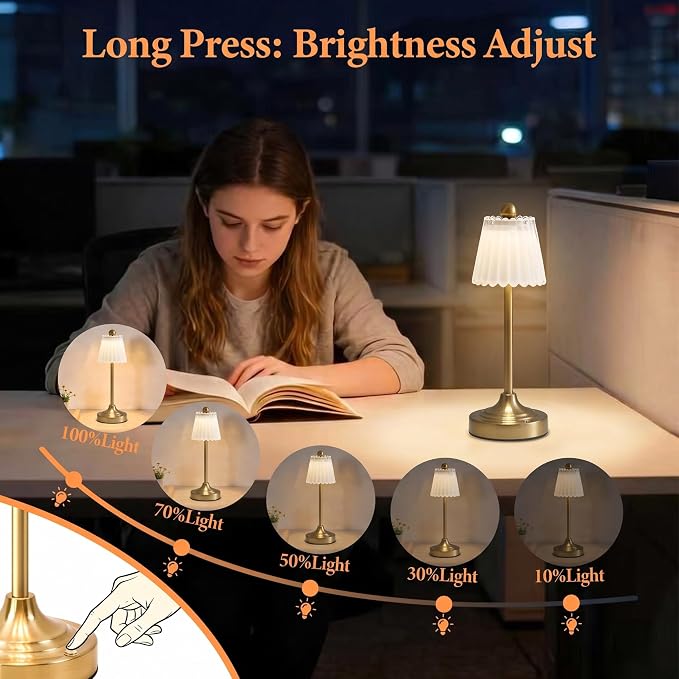 Small Vintage Cordless Table Lamp (White, 2 Pack) | 3-Color Dimmable Touch Control Small Desk Lamp for Bedroom,Office,Kitchen,Nightstand,Living Room,Home Decor
