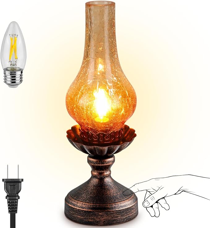 Vintage Table Lamp with Red Amber Gradient Crackle Glass Shade,Touch Control & 3-Way Dimmable Rustic Retro Farmhouse Bedside Lamp for Bedroom, Living Room, Cabin, Office (LED Candle Bulb Included)