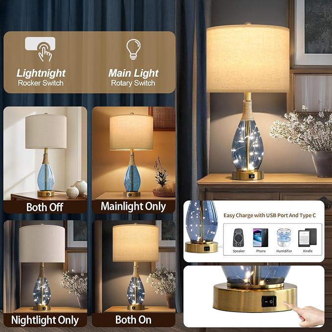 23" Table Lamps for Living Room Set of 2 Bedside Lamps for Night Stands Bedroom Lamps Farmhouse Rattan Boho Lamp Glass Nightlight End Table Lamp with USB C+A (Blue),Two Light Points