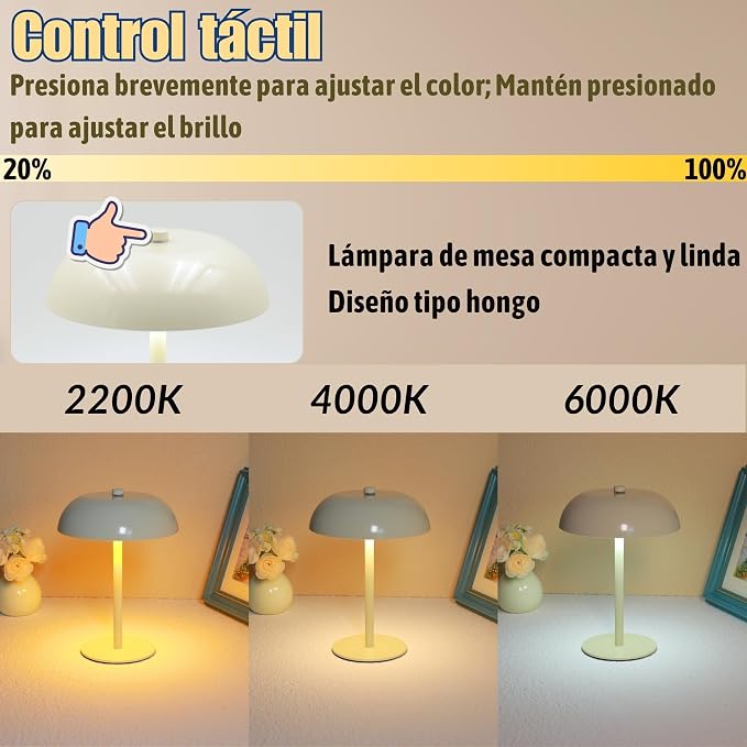 Cordless LED Mushroom Table Lamp, 5200mAh Battery, Dimmable 3 Color, White | Small, 8.46in, Portable, Easy to Assemble, Metal structure, Rechargeable, Suitable for bedroom, café, and bar counter