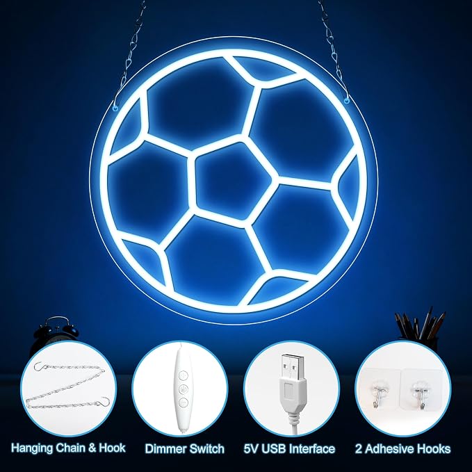 Soccer Neon Sign for Wall Decor, Dimmable Soccer LED Sign with USB Powered ON/OFF Switch, 12 x 12 In Football Neon Light for Boys Bedroom, Game Room, Living Room, Club, Soccer Gifts for Kids Teens