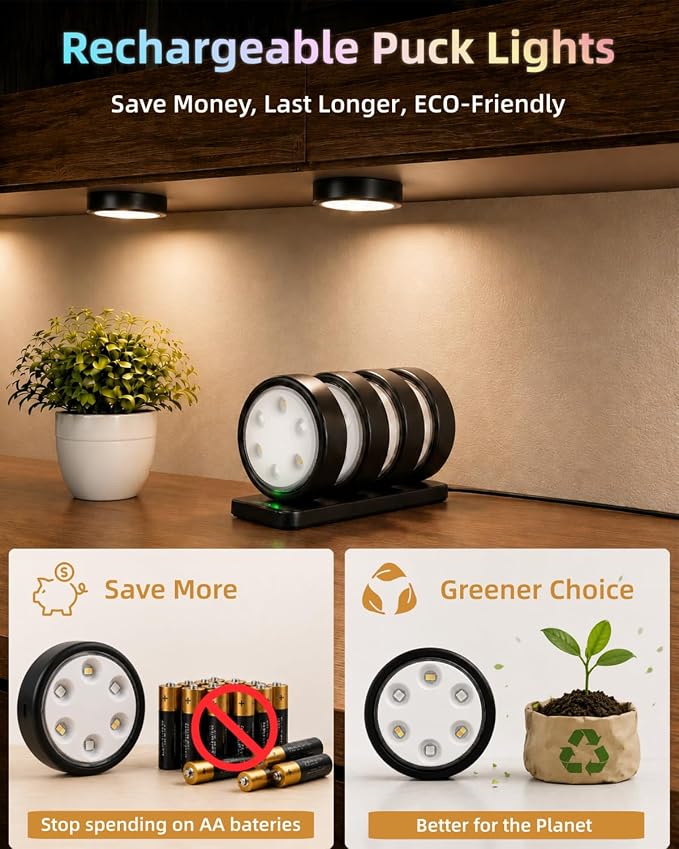 Puck Lights with Charging Station, 2000mAh Rechargeable Under Cabinet Lighting, 3 Color Temps & 7 RGB Colors, Magnetic Closet Light with Remote, Black Wireless Puck Light for Kitchen, Shelf (4 Pack)