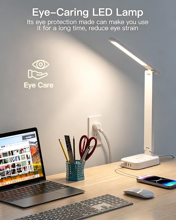 LED Desk Lamp, 10Ft Power Strip with 3 Outlets 4 USB Ports(2 USB C), White | One Beat 4 Modes 5 Level Brightness Touch Lamp, Small Desk Lamp for Home Office College Dorm Essentials, Study Reading Light