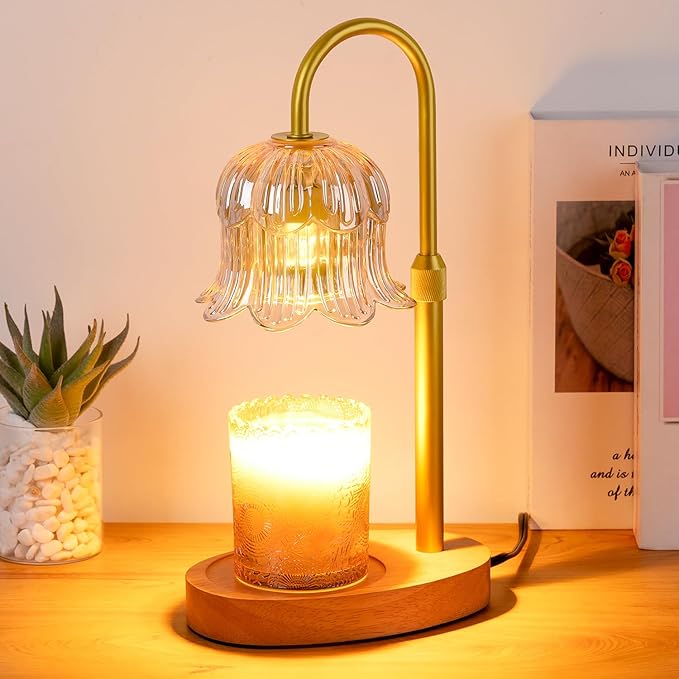 Candle Warmer Lamp Flower Electric Timer - Home Decor Women Birthday Gifts | Dimmable Candle Warmer Height Amber Glass 2 Bulbs For Jar Adjustable Wax House Warming Gifts Her Mom Halloween Christmas