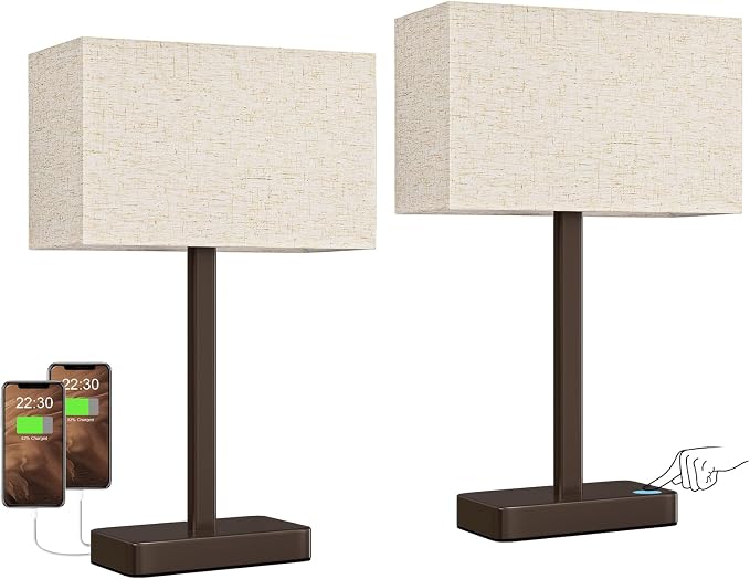 Hong-in Touch Lamps for Bedroom - 3-Way Dimmable Bedside Lamps Set of 2 with USB C+A, White Modern Table Lamp for Night Stands, Desk Lamp for Living Room Nightstand End Tables Bed Side