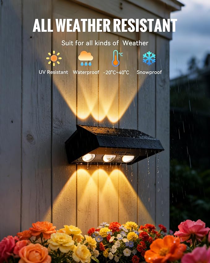 Solar Fence Lights Outdoor Waterproof 12 Pack, 3 Modes 3000K/4500K/6000K | 6 LEDs Up and Down Fence Lights Solar Powered for Outside, Deck Lighting for for Backyard/Garden/Patio/Garage Wall Decor