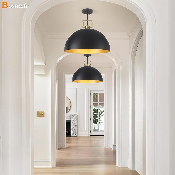 19.7" Vintage Pendant Light Industrial Pendant Light Dome Black and Gold Large Chandelier Light for Kitchen Island, Dining Room, Bedroom,Farmhouse Pendant Lighting