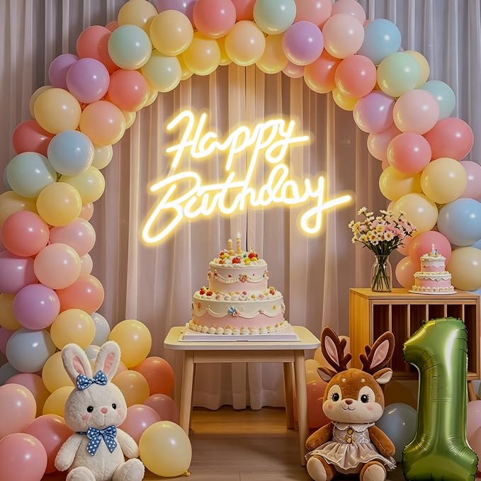 FARNY Happy Birthday Neon Sign for Wall Decor, LED Happy Birthday Light Up Sign, Dimmable LED Birthday Neon Light for Birthday Party Decorations Backdrop,Warm White 16.5"x 12"