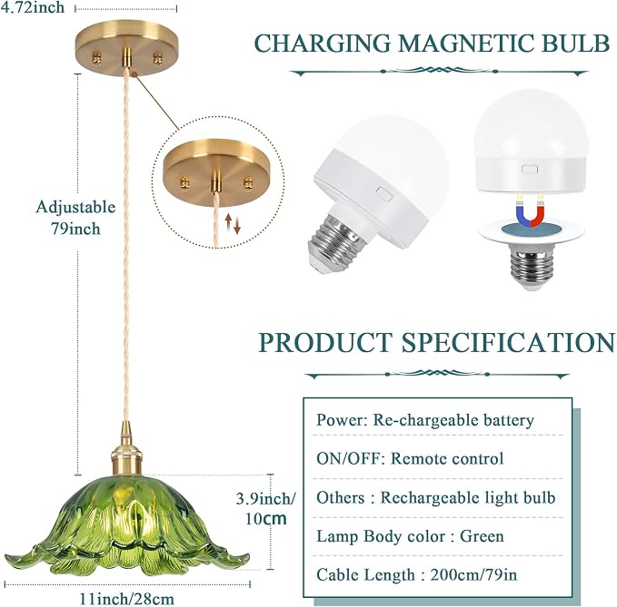 Battery Operated Pendant Light,Green Chandelier 2500mAh RGB Light Bulb 11in Vintage Light Fixtures with Remote Control Wireless Adjustable Rechargeable Chandelier for Kitchen Island Hallway 2pack