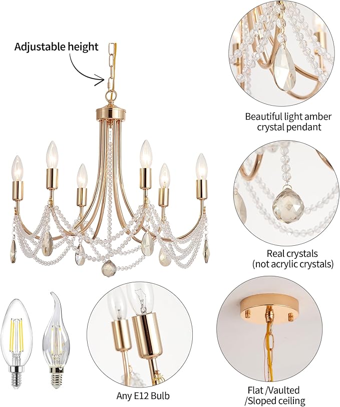Crystal Chandelier with Pale Amber Gold Crystal, Modern Crystal Candle Hanging Pendant Lighting, French Country Gold Crystal Chandelier for Ceiling Medallions,Wedding,Dining,Kitchen,Foyer,Bedroom