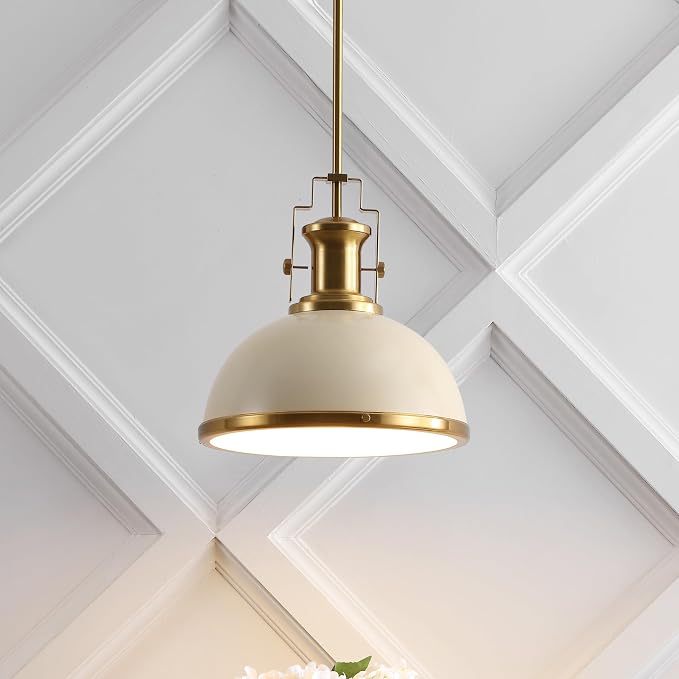 JONATHAN Y Homer Industrial Dome Pendant 13", Almond/Brass Gold | 1-Light, Farmhouse Style, Adjustable Hanging Height, Glass Diffuser, Sloped Ceiling Compatible, Metal, LED Bulb Included
