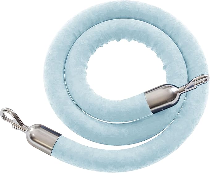 Montour Line Velvet Hanging Stanchion Rope Foam Core, 6 Foot Light Blue Rope with Polished Stainless Steel Snap Ends