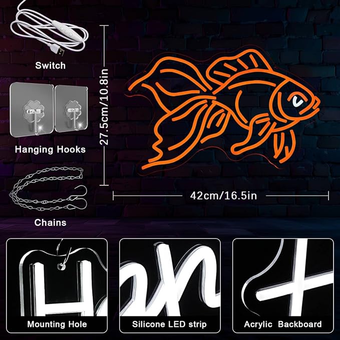 Goldfish Neon Sign for Wall Decor Fish Neon Light Sign Ocean Neon Light Dimmable LED Neon Sign USB Light Up Sign for Bedroom Restaurant Fishing Shop Store Club Room Man Cave