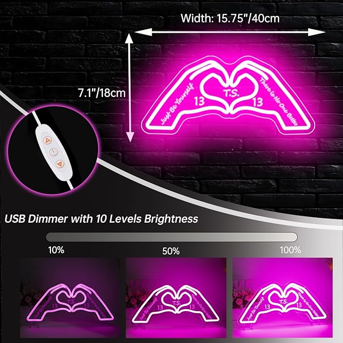 Hand Heart Neon Sign, Music Merch Gifts for Girls, Gift for Fans, Music Lover, Christmas Birthday Boys Girls(Pink with Words)