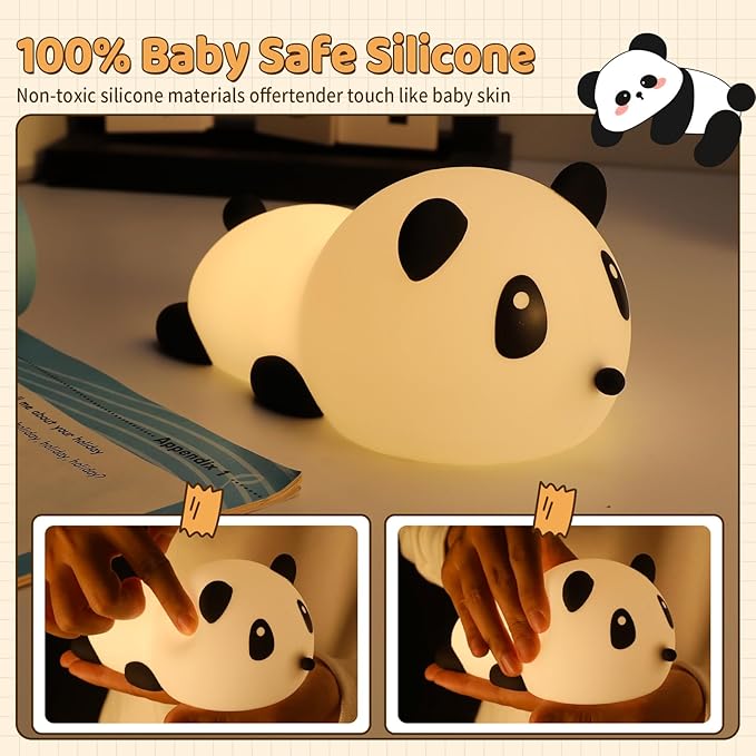Panda Night Light for Kids: Squishy Silicone Animal Light,7 Soft Colors,Tap Control,Rechargeable,Sleep Timer,Battery Baby Nightlight for Childrens Room & Nursery,Bedside Touch Lamp