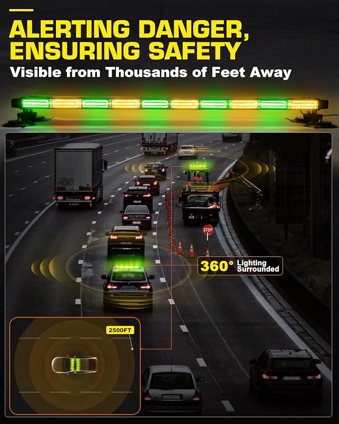 42" Emergency Flashing Strobe Lights Bar with 28 Strong Magnets Double Side Traffic Advisor 206 LED Warning Snow Plow Light for Trucks Vehicles Tow Pickup, Amber/Green