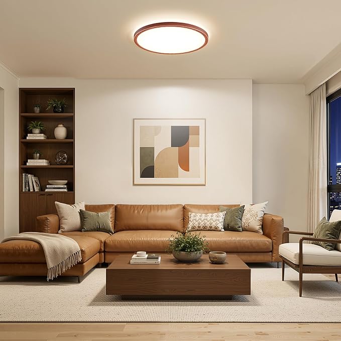 LED Flush Mount Ceiling Light, 12 Inch 24W 3000K/4000K/5000K Hardwire Light Fixture, Ultra Thin Round White Lamp for Kitchen Porch Bedroom Hallway Stairwell Basement- Walnut