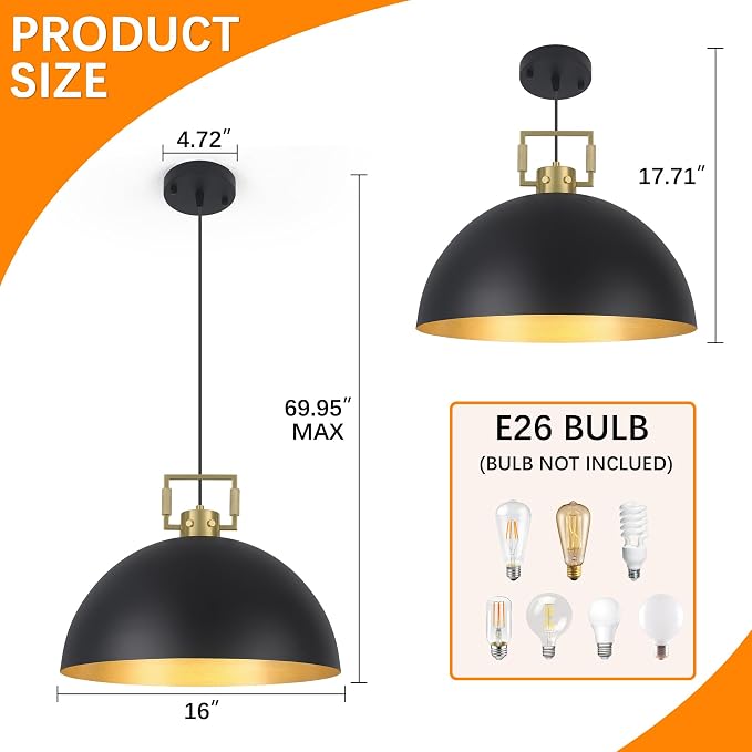 16" Farmhouse Pendant Light Fixture for Kitchen Island Black and Gold Large Dome Chandelier Light Modern Industrial Pendant Light Fixtures for Kitchen Island, Hallway, Dining Room, Bedroom